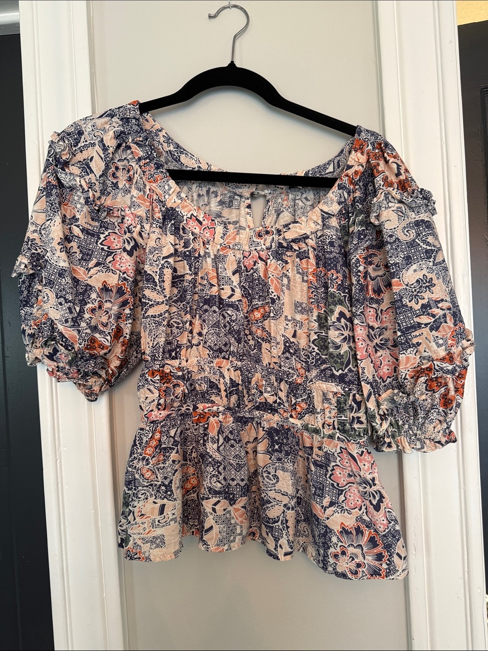 Moon River Navy, Pink and Cream Floral Peasant Top